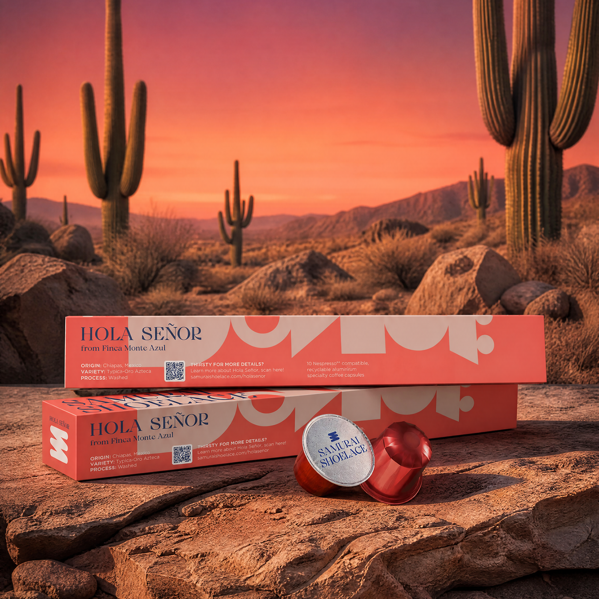 Samurai Shoelace Curiosity Series Hola Senor Nespresso Original Compatible coffee capsules in mexican desert with cactus