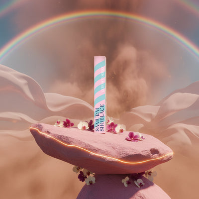 Samurai Shoelace Curiosity Series Double Rainbow kávékapszula termékfotója sivatagban virágszirmokkal és szivárvánnyal