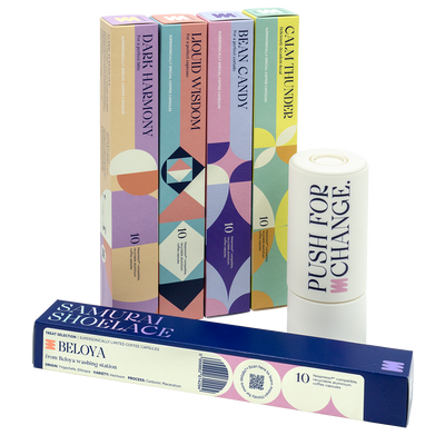 Samurai Shoelace Meet the Samurai csomagajánlat termékfotója Beloya kávékapszulával és Waycap Recicloo-val transzparens háttérrel