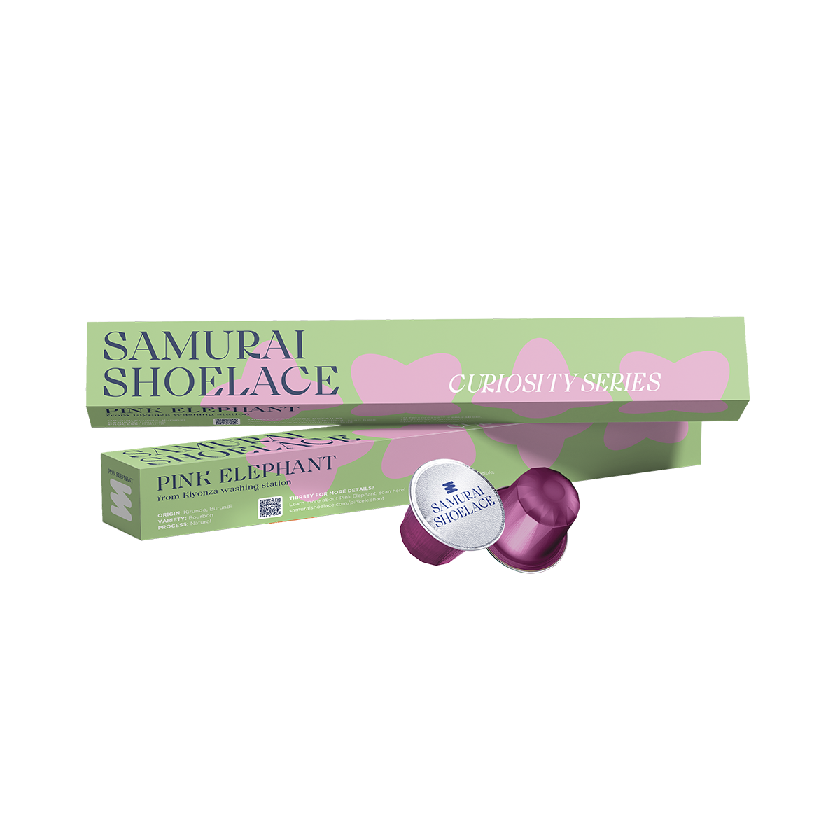 Samurai Shoelace Pink Elephant burundi kávékapszulája transzparens háttéren rózsaszín kapszulával