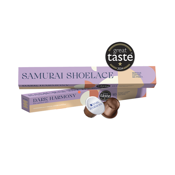 Samurai Shoelace sötét pörkölésű Dark Harmony Great Taste Awards-os kávékapszulája Costa Rica-ról